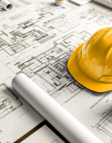 Planta técnica e capacete de obra