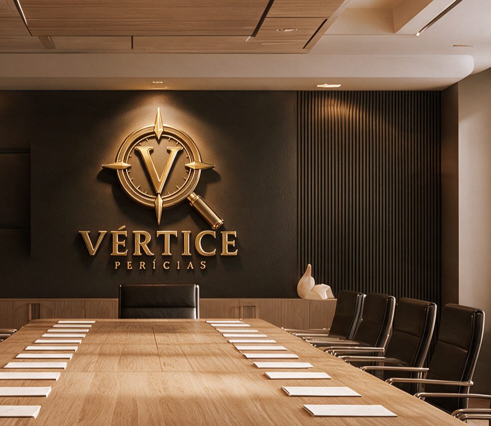 Sala de reuniões com o logotipo da Vértice Perícias na parede